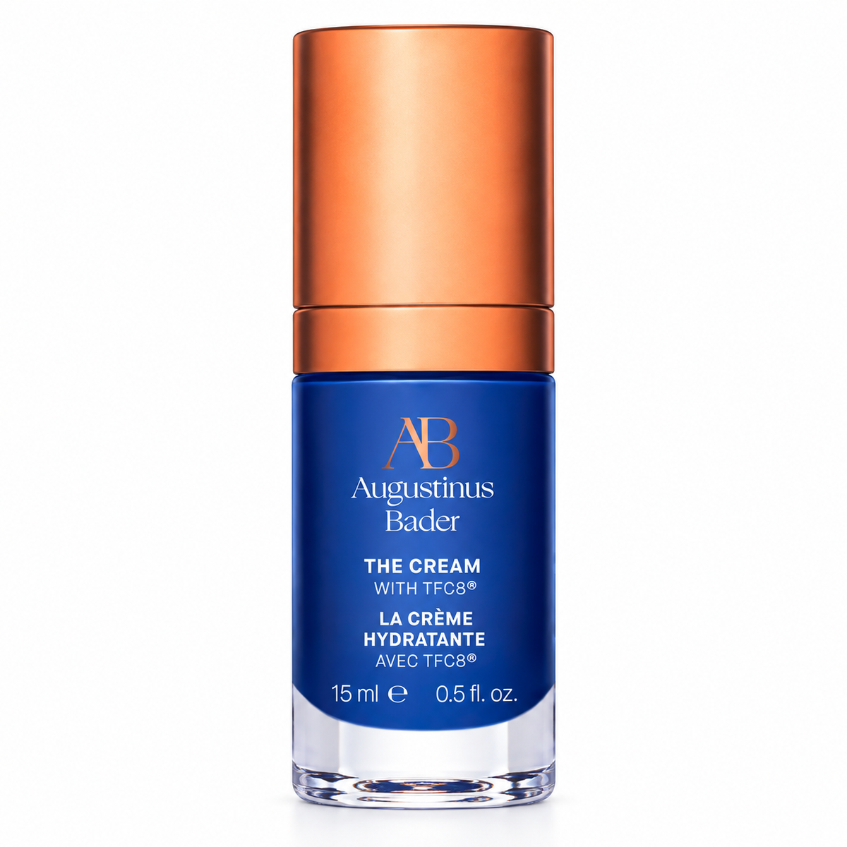 Augustinus Bader The Cream with TFC3 in a 15 ml glass bottle with a metallic copper cap and a deep blue label.